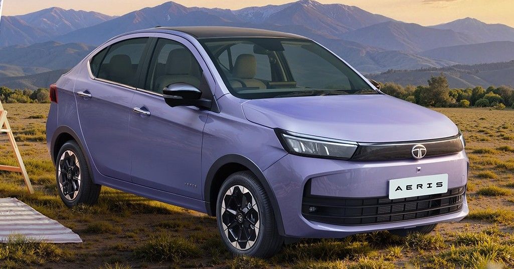 Tata Aeris 2026 sedan, front three-quarter view in a pale purple paint