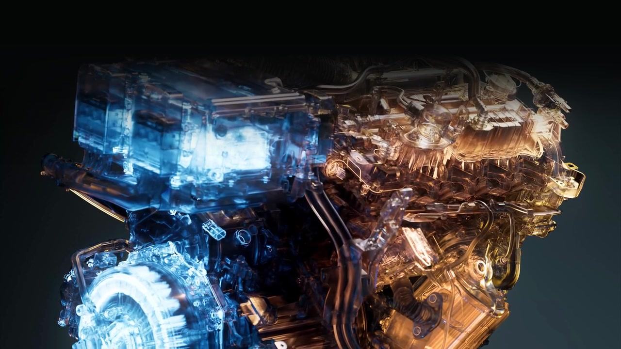Rendered cutaway of the Renault E-Tech 160 strong hybrid unit, showing the petrol engine and the electric machines